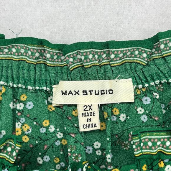 MAX STUDIO Top 2X Plus Floral Crepe Ruffle Tie Neck Blouse Balloon Sleeve Green - Picture 5 of 14